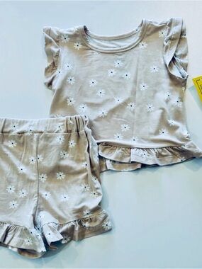 Girls Beige Floral Ruffle Bamboo Set - Short Sleeve Top & Shorts